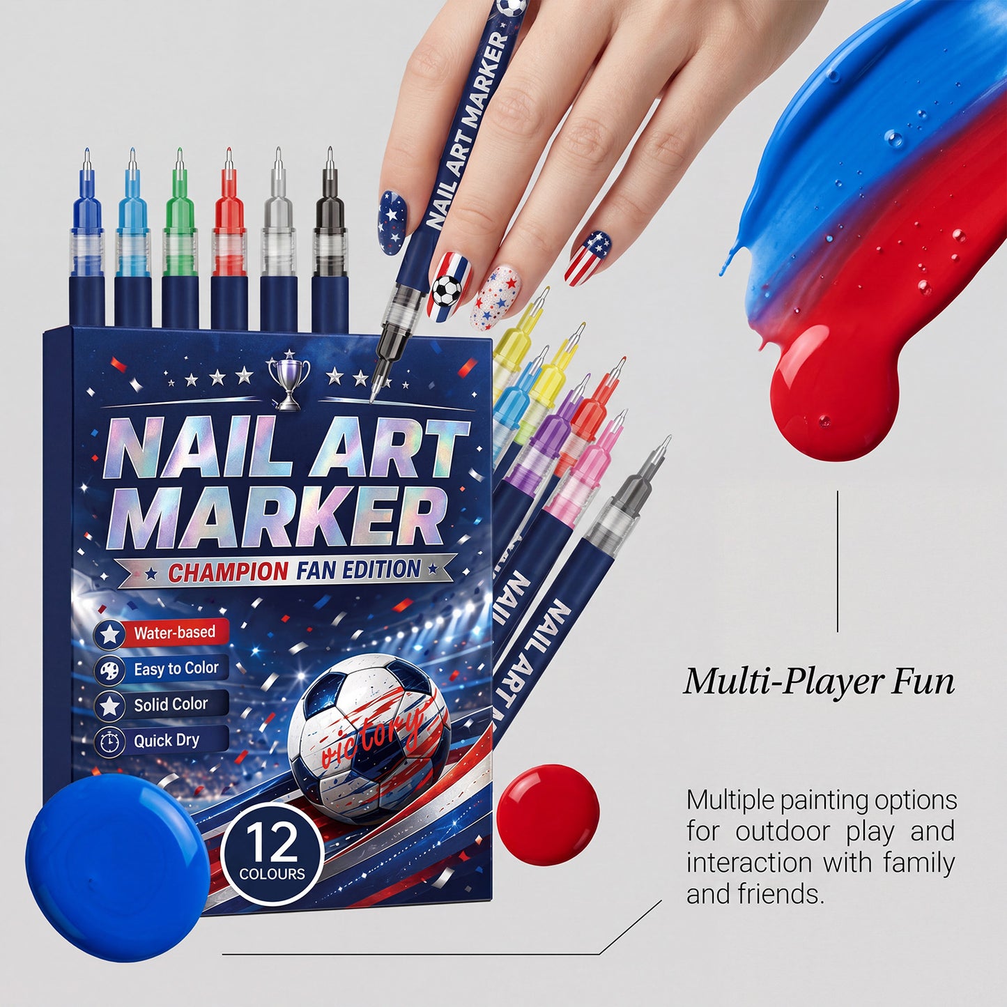 ⚽🏆 Game Day Nail Art Marker Set – 12 Vibrant Colors for Eye-Catching Fan Nails ✨