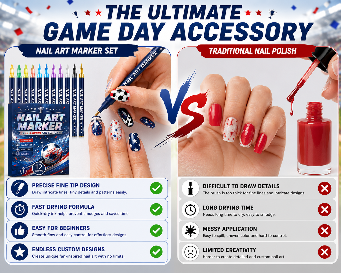 12 vibrant fan-edition nail art pens. Fast-drying — no UV lamp needed