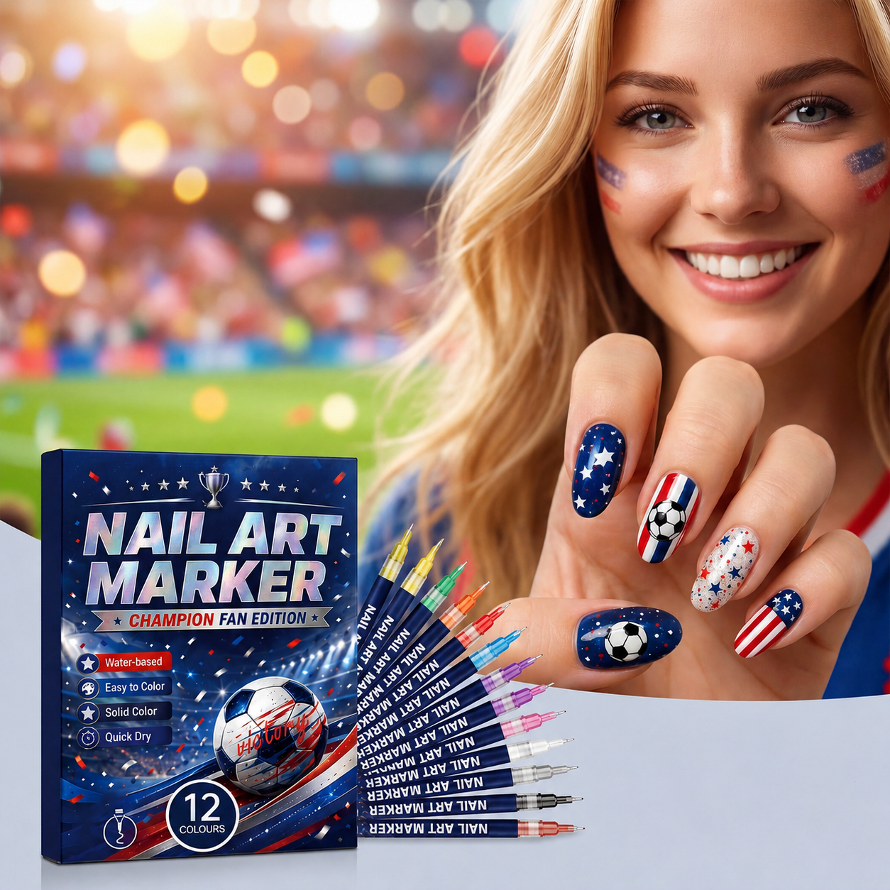 12 vibrant fan-edition nail art pens. Fast-drying — no UV lamp needed